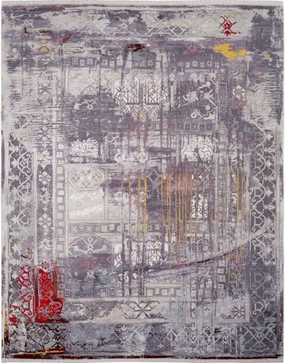 Grauer Seidenteppich 'Ushak No. 5 Grey' mit Ornamenten und roten &amp; gelben Flecken