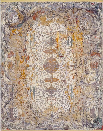 Handgeknüpfter Teppich 'Garden White Bloomy' mit Ranken- und Blättermotiven und persischen Ornamenten