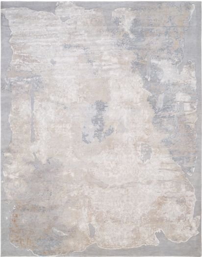 Grauer handgeknüpfter Teppich 'Fragment Classic Taupe' aus Tibetwolle und echter Seide