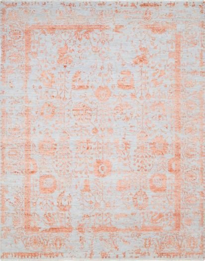 Hellgrauer handgeknüpfter Teppich mit orangenem floralen Muster