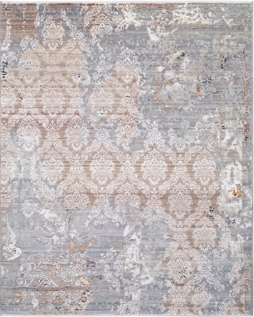 Beige-grauer handgeknüpfter Teppich mit feinem Damaskmuster